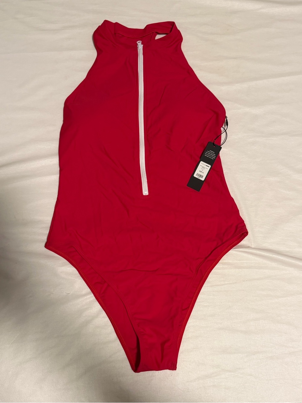 Women’s Red High-Waisted One-Piece Swimsuit with Front Zip